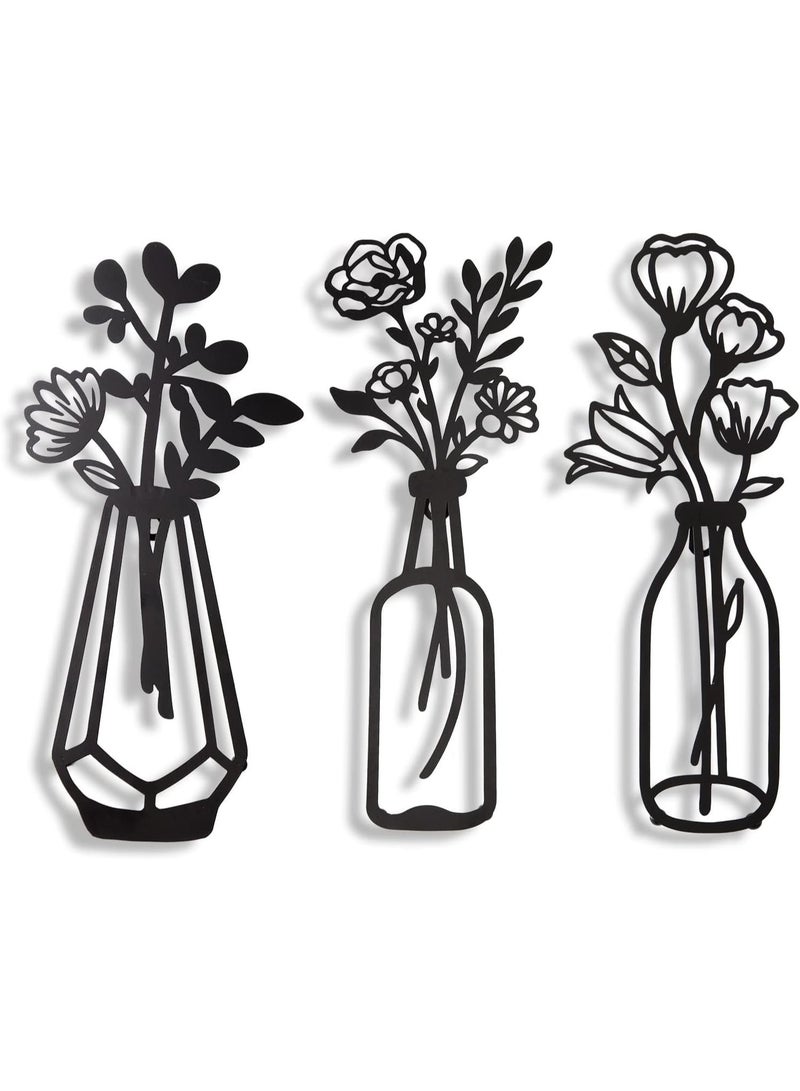 MIRFA Wooden Wall Art With Self Adhesive Base - Black (Flower Vases - Pack of 3) - Image 1